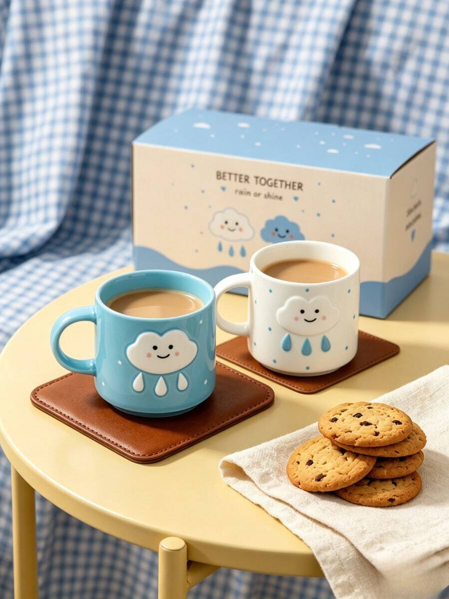 2pcs Cute 3D Cloud & Raindrop Embossed Ceramic Couple Mugs, Colorful Gift Box Packaging, Sweet Gift For Valentine's Day, Wedding, Anniversary, Home & Office Coffee Tea Cups