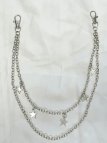 1pc Punk Metal Pentagon Star Pendant Double Chain Pants Chain Men's Women's Cool Hip-Hop Waist Chain Accessory - Silver - View 3