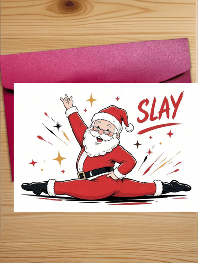 1pc "Slay Santa" Funny Christmas Card With Envelope - Humorous Cartoon Santa Claus Greeting For Friends, Family And Colleagues, Blank Inside