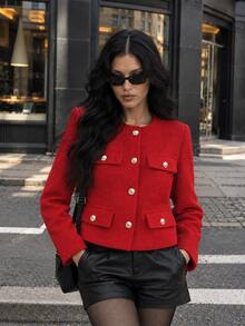 TRAFZA Women's Elegant Casual Tweed Jacket, Spring Round Neck Decorative Long Sleeve Solid Color Coat - Red - View 5