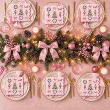 Christmas Scalloped Paper Napkins, Pink Watercolor Nutcracker & Wreath Design Disposable Cocktail Napkins For Holiday Party Table Decor - Multicolor - View 2