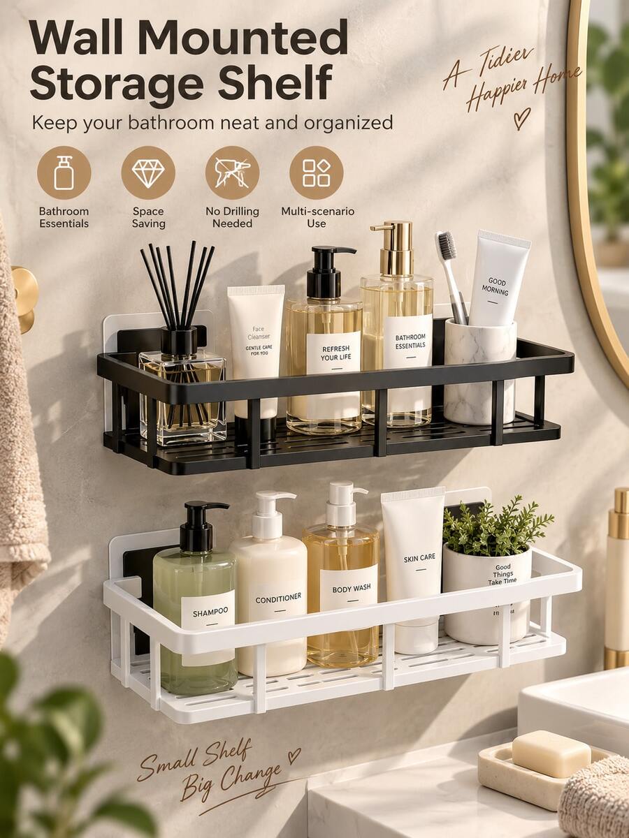Large-Capacity, Wall-Mounted Shower Rack-Drill-Free And Space-Saving. Suitable For Bathrooms And Kitchens, It Is Easy To Install And Perfect For Storing Toiletries, Cosmetics, And Other Items. Shower Caddy, Bathroom Storage Rack.