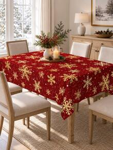 Christmas Red Snowflake Polyester Tablecloth, Gold Snowflake Holiday Tablecloth, Suitable For Round And Square Tables, Winter Christmas Dining Room Kitchen Party Farmhouse Home Decor - Multicolor - View 3