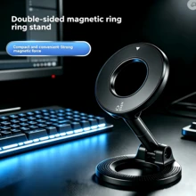 Magnetic Phone Holder Compatible With All Phones, Double-Sided Magnetic, Foldable And Rotatable Angle, Portable, Requires Attaching The Included Magnetic Ring To The Back Of The Phone, Magnetic Base Can Directly Adhere To Iron Material Equipment, 360-Degree Rotation, Essential For Gym, Stable Magnetic Holder For Car Navigation, Suitable For Kitchen, Living Room, Outdoor, Bathroom - Cool Black - View 2