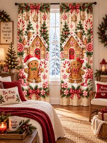 Christmas Window Curtain Set, Reindeer Snowman Gingerbread Winter Village & Vintage Patchwork Printed Polyester Curtains With Festive Holiday Designs, Christmas Decorations For Home, Living Room Bedroom Kitchen Room Decor - A - View 10