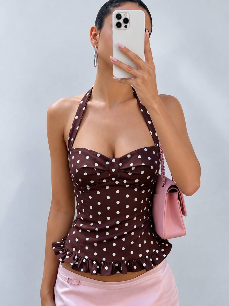 Kliou Summer Polka Dot Print Women's Halter Neck Low Neck Tie-Up Ruffle Backless Sleeveless Slim Fit Nightclub Style Basic Tank Top - Brown - View 1