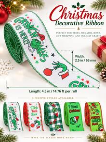 The Grinch Christmas Ribbon, Printed Holiday Gift Wrapping Ribbon Roll With Festive Cartoon Patterns, Red And Green Decorative Ribbon, Suitable For Christmas Gifts, Tree Decorations, Bows, Wreaths, Garlands, Baskets, Party Decorations And DIY Crafts, Grinchmas Holiday Supplies - View 7