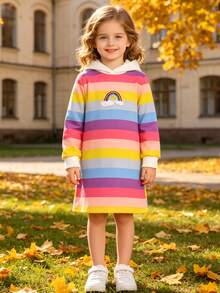 Girls' Rainbow Striped 3D Embellished Hooded Long Sleeve Knee-Length Sweatshirt Dress, Suitable For Spring/Autumn Holidays, Outdoor Activities, And Everyday Wear - Pink - View 1