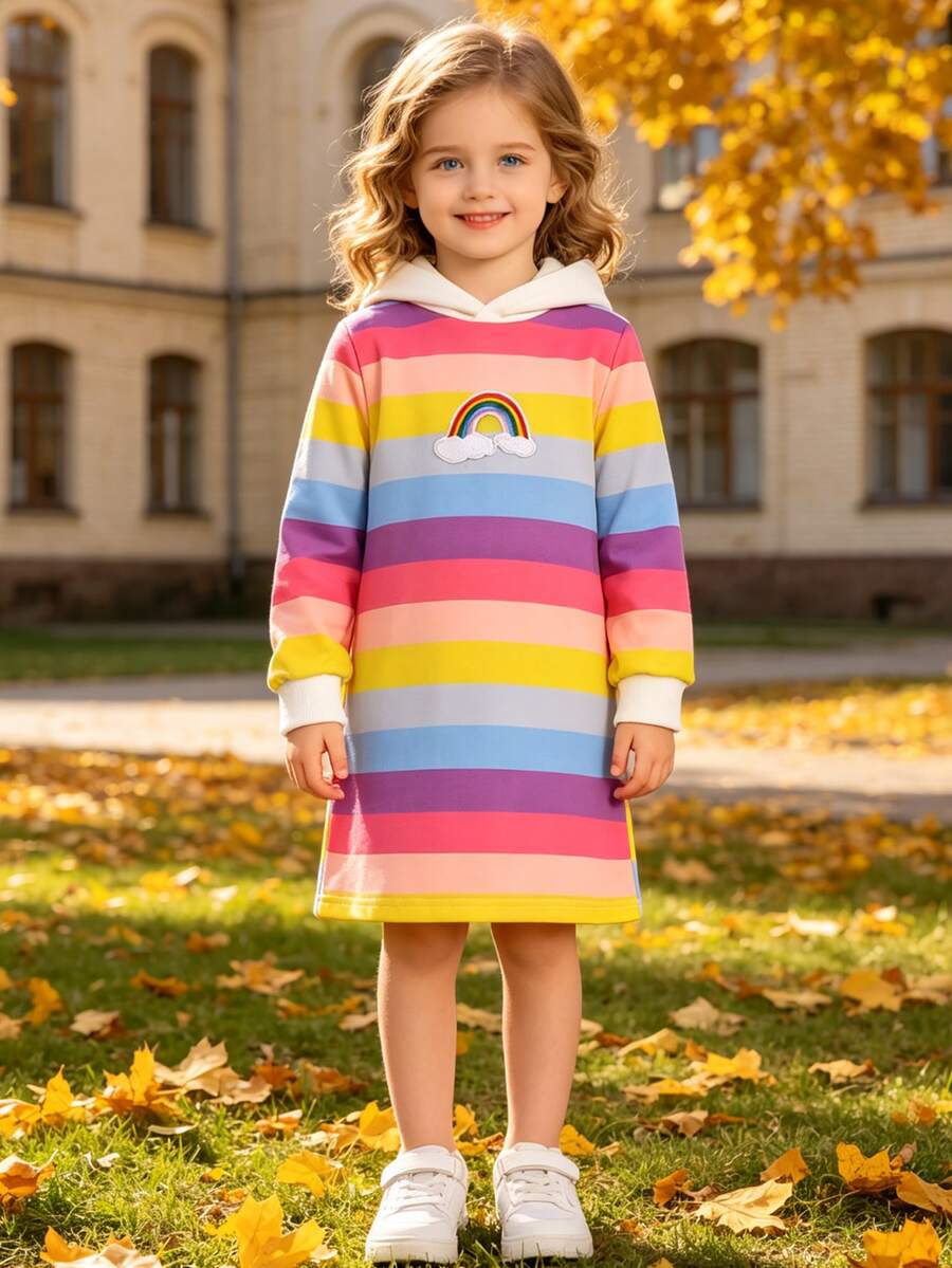 Girls' Rainbow Striped 3D Embellished Hooded Long Sleeve Knee-Length Sweatshirt Dress, Suitable For Spring/Autumn Holidays, Outdoor Activities, And Everyday Wear - Pink - View 1