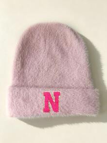 1pc Pink Floral Letter Print Beanie, Ribbed Knit Winter Hat,Cold Weather Headwear, Y2K Cute Warm Skull Cap For Women - Pink - View 25