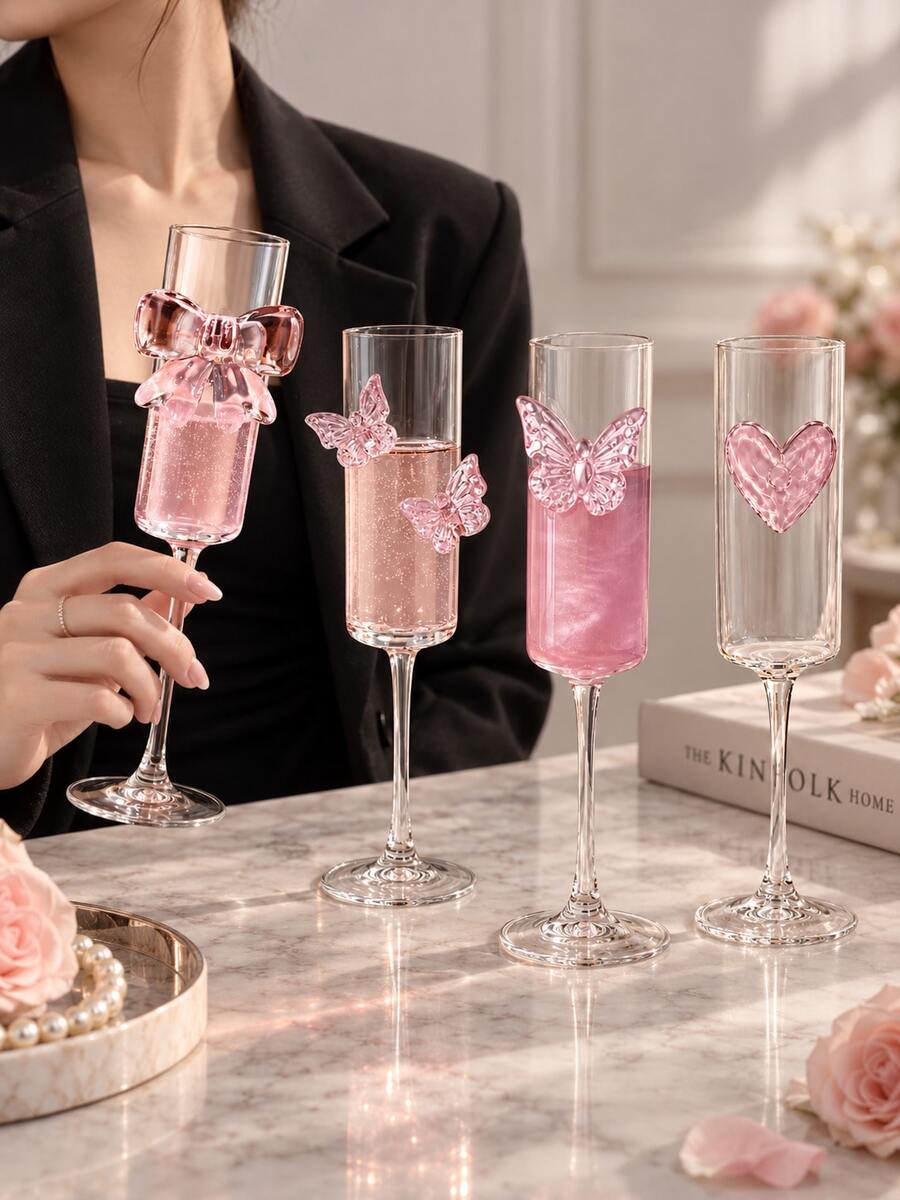 Victorian Style Pink Butterfly Crystal Embossed Champagne Flute. Ideal For Weddings, Parties, Family Gatherings And Gifts. - Multicolor - View 1