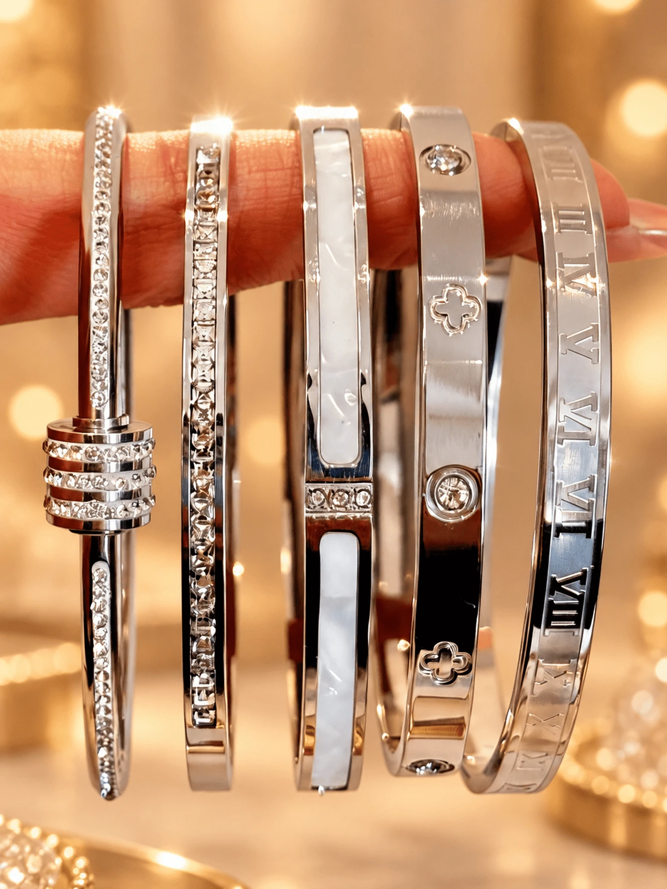 5pcs/Set Silver Stackable Fashion Bracelet Set, 304 Stainless Steel, Rust-Proof, Waterproof, Hypoallergenic, Minimalist Luxury Stackable Jewelry, Graduation, Birthday, Valentine's Day, Mother's Day, Christmas Gift For Her