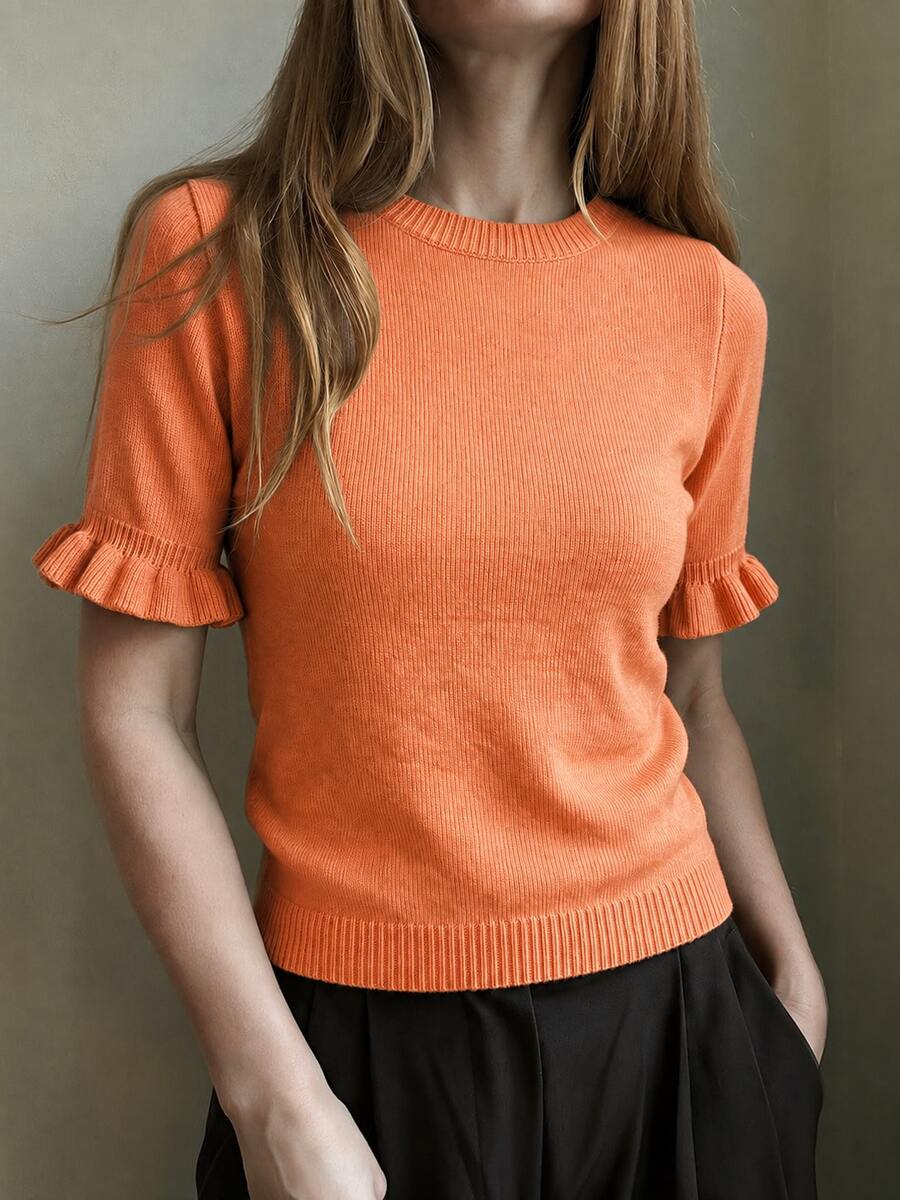 Women's Casual Yellow Round Neck Ruffle Hem Short Sleeve Loose Fit T-Shirt, Spring/Summer Style, Suitable For Dates And Daily Wear - Coral Orange - View 1