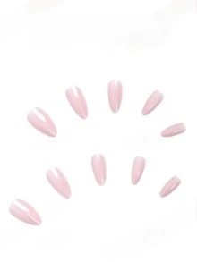 24pcs Short Almond Shaped Nail Stickers, Simple Solid Color Glossy Fake Nails, Suitable For Women And Girls Daily Wear Nail Art Supplies - Baby Pink - View 3