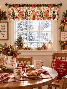 3pcs Gingerbread Christmas Window Curtain Set With Valance, Candy Cane Gingerbread House Peppermint Tree Bow Print Polyester Curtains, Sweet Christmas Decorations For Home, Kitchen Living Room Holiday Decor - E - View 12