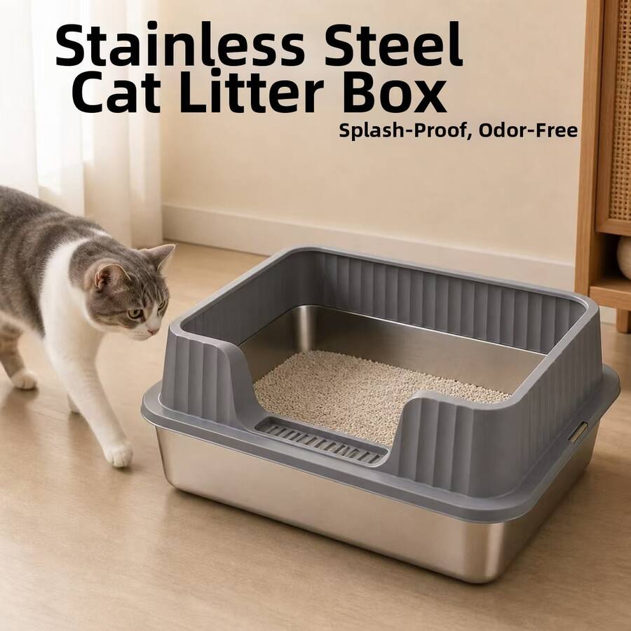 1pc Extra Large Stainless Steel Cat Litter Box, High-Edge Anti-Splash Fence, Detachable And Easy To Clean, Suitable For Indoor Cats - one-size - View 1