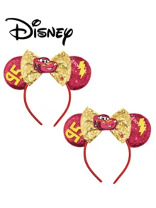 Disney 1pc Cars Character Ear Headband, Red Sequin Gold Sparkle Bow Lightning McQueen 95 Number Festival Cosplay Party Hair Hoop - Multicolor - View 3