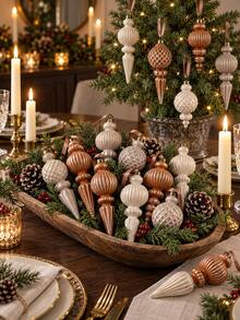 9pcs=1set 5.71 Inch Shatterproof Plastic Christmas Tree Hanging Ornaments, Vintage Neutral Copper, Brown, Cream And Taupe Pointed Ball Shaped Decorations With Ribbed Plaid Texture And Hanging Rope Loops, Suitable For Window Display, Fireplace Mantel, Party And Winter Holiday Decor - Multiple Styles - View 2