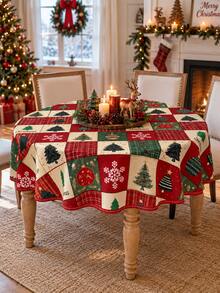 1pc Christmas Plaid Patchwork Polyester Tablecloth, Christmas Tree & Snowflake Decor Table Cover, Suitable For Round And Square Tables, Vintage Holiday Kitchen Dining Room Farmhouse Style Home Decor - Multicolor - View 10