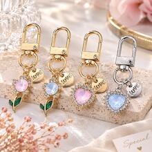 1pc Y2K Style Faux Rhinestone Heart & Flower Keychain, Iridescent Bag Charm With LOVE Round Pendant And Gold/Silver Rotating Clasp, Suitable For Handbags And Keys, 4 Styles Available - Quantity - View 2