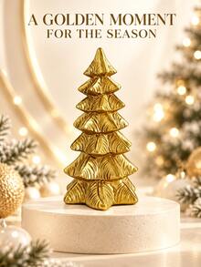1pc Gold Christmas Tree Figurine, Elegant Sculpted Tabletop Ornament With Layered Branch Design, Freestanding Holiday Accent For Living Room, Mantel, Shelf, Office Desk And Winter Party Decor - New - View 5