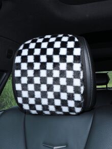 Soft Fluffy Black White Checkered Car Headrest Cover, Universal Fit Plush Auto Seat Head Rest Protector, Cozy Neck Support Decorative Car Interior Accessory - Checkerboard - View 4