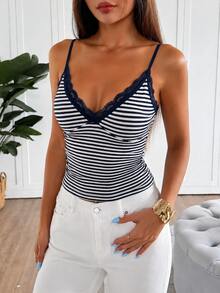 Tank Top Wanita Rajut Bergaris Slim Fit dengan Tali Bahu Tipis, Desain Patchwork Renda, Atasan Serbaguna untuk Semua Musim - Navy Blue - View 6