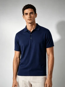 男士純色高爾夫 Polo 衫，半鈕扣領拼接色商務休閒工作襯衫，適合送給男友的禮物，適用於高爾夫、日常穿著、夏季 - 藏蓝色 - 查看 1