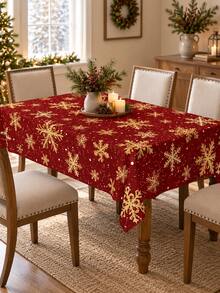 Christmas Red Snowflake Polyester Tablecloth, Gold Snowflake Holiday Tablecloth, Suitable For Round And Square Tables, Winter Christmas Dining Room Kitchen Party Farmhouse Home Decor - Multicolor - View 4