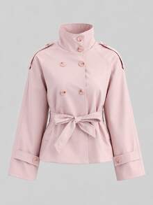 Women's Short Trench Coat, Double-Breasted With Tie Belt And Epaulettes, Suitable For Daily Commute And Vacation - Pink - View 7