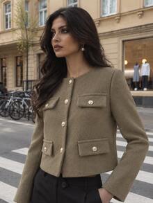 TRAFZA Women's Elegant Casual Tweed Jacket, Spring Round Neck Decorative Long Sleeve Solid Color Coat - Khaki - View 3