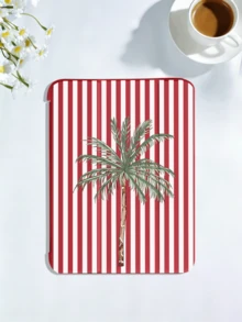 度假風水彩棕櫚樹條紋圖案平板保護殼，相容 iPad 7/8/9/10th/Pro 11/11th (A16) 2025、Galaxy Tab S6 Lite/Galaxy Tab A11+ 2025，柔軟防震保護，支援智慧支架／自動喚醒與睡眠功能（紅色） - 紅色 - 查看 2