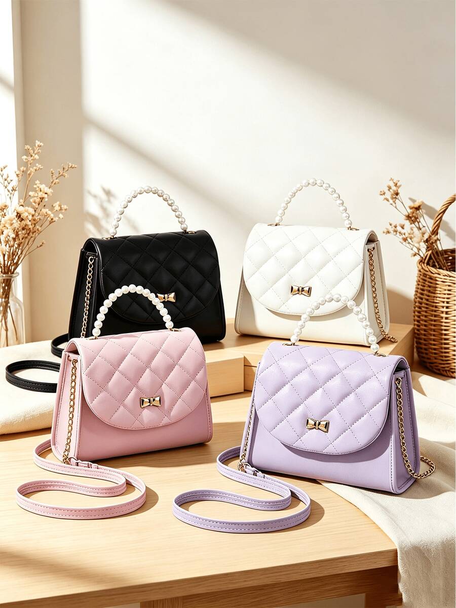 1pc Girls Quilted Diamond Pattern Metal Butterfly Decor Fashion Pearl Handbag Shoulder Crossbody Bag - Diamond Quilting - View 1