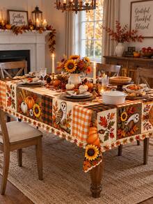 秋季南瓜拼接桌布，Hello Fall，Welcome Fall，豐收祝福主題印花，貓頭鷹松果向日葵南瓜楓葉格紋拼接設計，復古鄉村農舍風長方形餐桌布，適用於廚房餐桌、家庭聚會、感恩節派對、秋季居家裝飾 - 彩色 - 查看 11