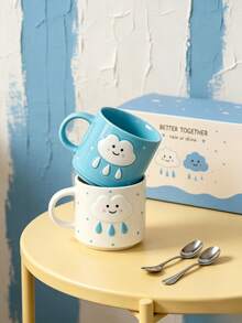 2pcs Cute 3D Cloud & Raindrop Embossed Ceramic Couple Mugs, Colorful Gift Box Packaging, Sweet Gift For Valentine's Day, Wedding, Anniversary, Home & Office Coffee Tea Cups - Multicolor - View 4