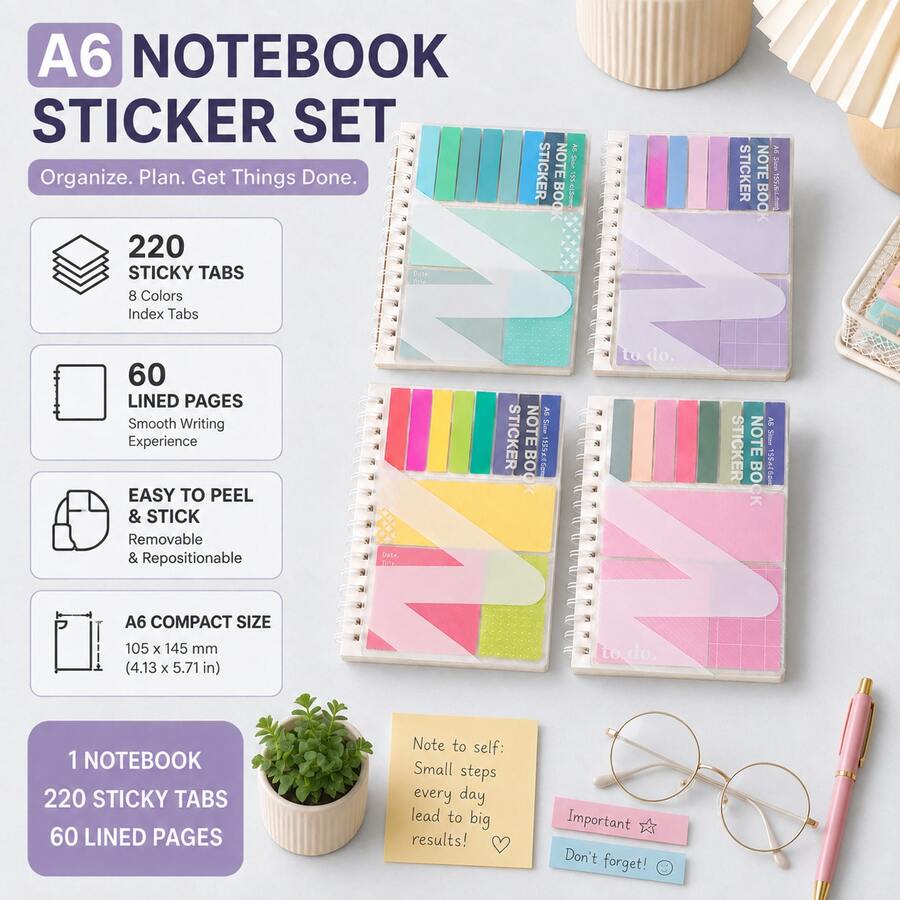 A6 Multi-Function Coil Notebook Set, 220 Colorful Index Tabs, 60 Double-Sided Lined Pages, Tearable And Reusable Sticky Notes, Stationery For Study, Office And Planning - one-size - View 1