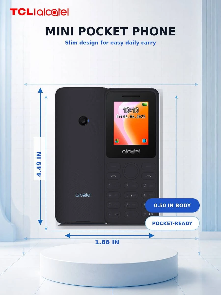 Ponsel Fitur TCL Alcatel 1021 2G, Layar 1,77 Inci, Pengisian Daya Tipe-C, Kamera Belakang, Radio FM & Pemutar Musik, Ponsel Keypad Portabel Ringkas, Hitam - Hitam - View 1