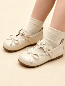 Girls' Flat Mary Jane Shoes With Bow Toe, 3D Flower & Metal Center Decor, Hook & Loop Strap, Round Toe, Soft Sole, Lightweight, Sweet Princess Style, Suitable For Daily Wear, Party, Banquet, All Seasons - Beige - View 7