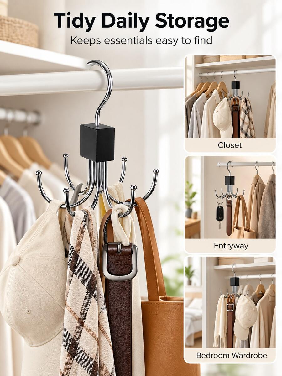 Multifunctional Large Capacity Rotating Hooks, Suitable For Belts, Hats, Bras, Camisoles, Ties And Scarves; Fashionable Space-Saving Closet Organizer, No Drilling Required, Perfect Solution To Maximize Closet Space