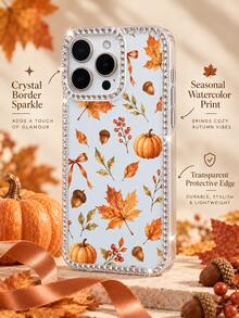 1pc Transparent Rhinestone Frame Autumn Pumpkin Maple Leaf Phone Case, Watercolor Acorn Berry Bow Transparent Full Coverage Anti-Fall Soft Protective Cover For IPhone18 17 16 15 14 13 12 11 Pro Max, - Clear - View 7