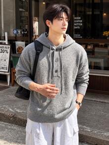 1pc Men's Light Gray Hooded Knit Sweatshirt, Soft Skin-Friendly Knit Fabric, Loose Drop Shoulder Fit, Flattering Slimming, Machine Washable, Suitable For Daily Wear, Campus, Commuting, Casual Outings - Light Grey - View 4