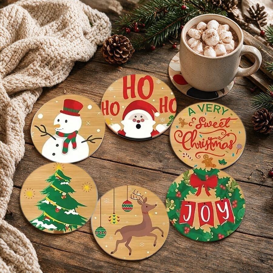 6pcs Christmas Wooden Coasters, Cartoon Christmas Element Pattern Water Cup Heat Insulation Pads, Winter Home Desktop Decoration, Creative Christmas Gift - Multi-color LDX2547 - View 1