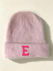 1pc Pink Floral Letter Print Beanie, Ribbed Knit Winter Hat,Cold Weather Headwear, Y2K Cute Warm Skull Cap For Women - Pink - View 6