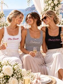 Custom Embroidered Lace Tank Top, Personalized Bridal Tank, Bridesmaid Gift, Bachelorette Tank Top, Wedding Morning Top - Multicolor - View 6