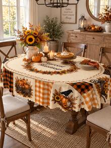 Autumn Pumpkin Patchwork Tablecloth, Hello Fall, Welcome Fall, Harvest Blessings Theme Prints, Sunflower Pumpkin Maple Leaf Plaid Patchwork Design, Vintage Country Farmhouse Style Rectangular Dining Tablecloth, Suitable For Kitchen Dining Table, Family Gathering, Thanksgiving Party, Autumn Home Decor - Multicolor - View 6
