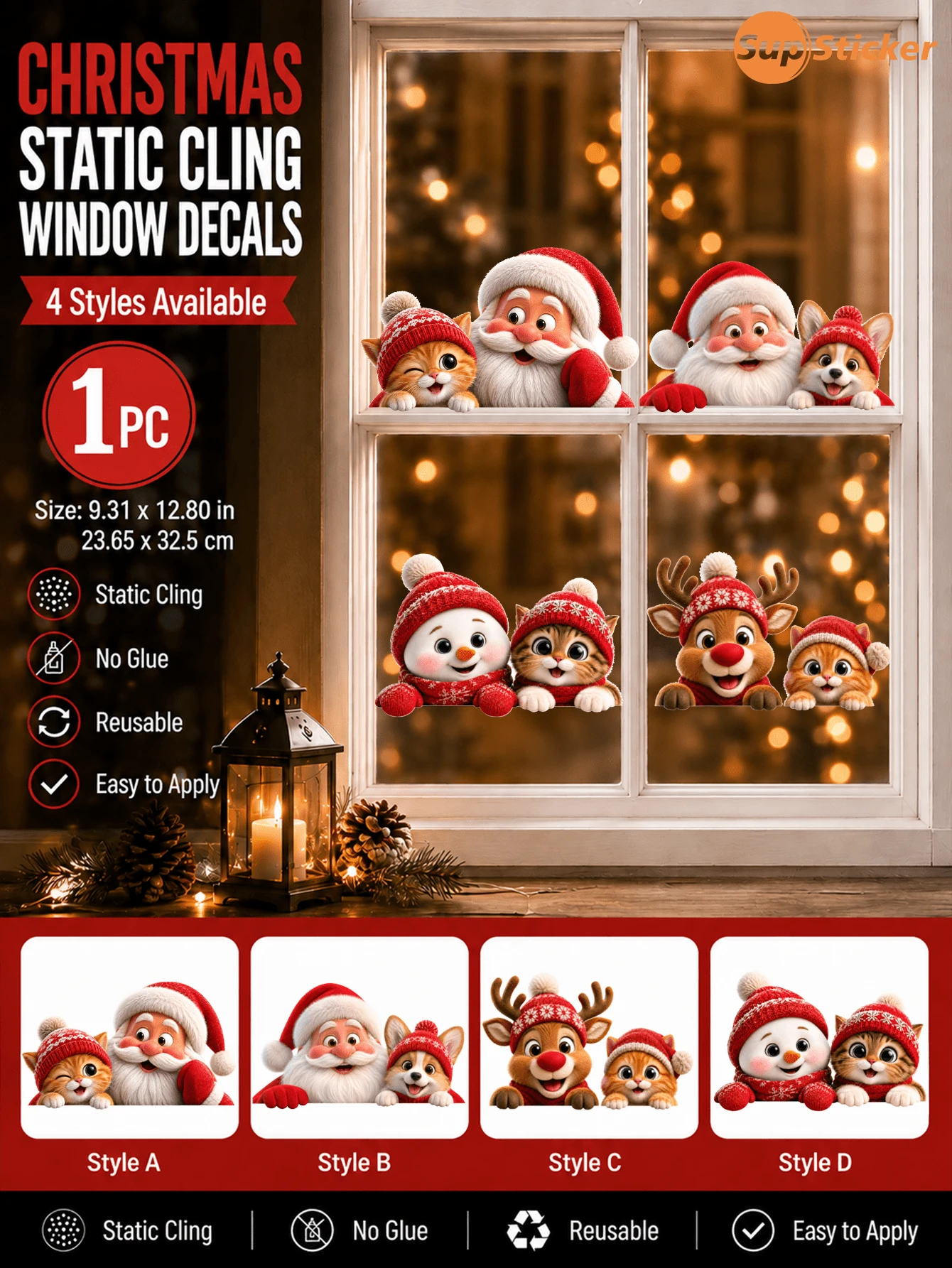SUPSTICKER 1PC Static Window Stickers / Reusable Holiday Glass Decals / Christmas Characters / Window Art / Bedroom Decor - 1PC - View 1
