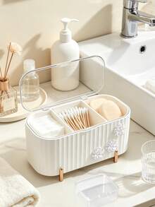 Cute Flower Decor 3‑Compartment Makeup Pad Storage Box, Clear Lid Dust‑Proof Desktop Organizer For Cotton Pads, Q‑Tips, Beauty Sponge, Small Cosmetic Accessory Storage Container For Vanity Bathroom - Multicolor - View 7