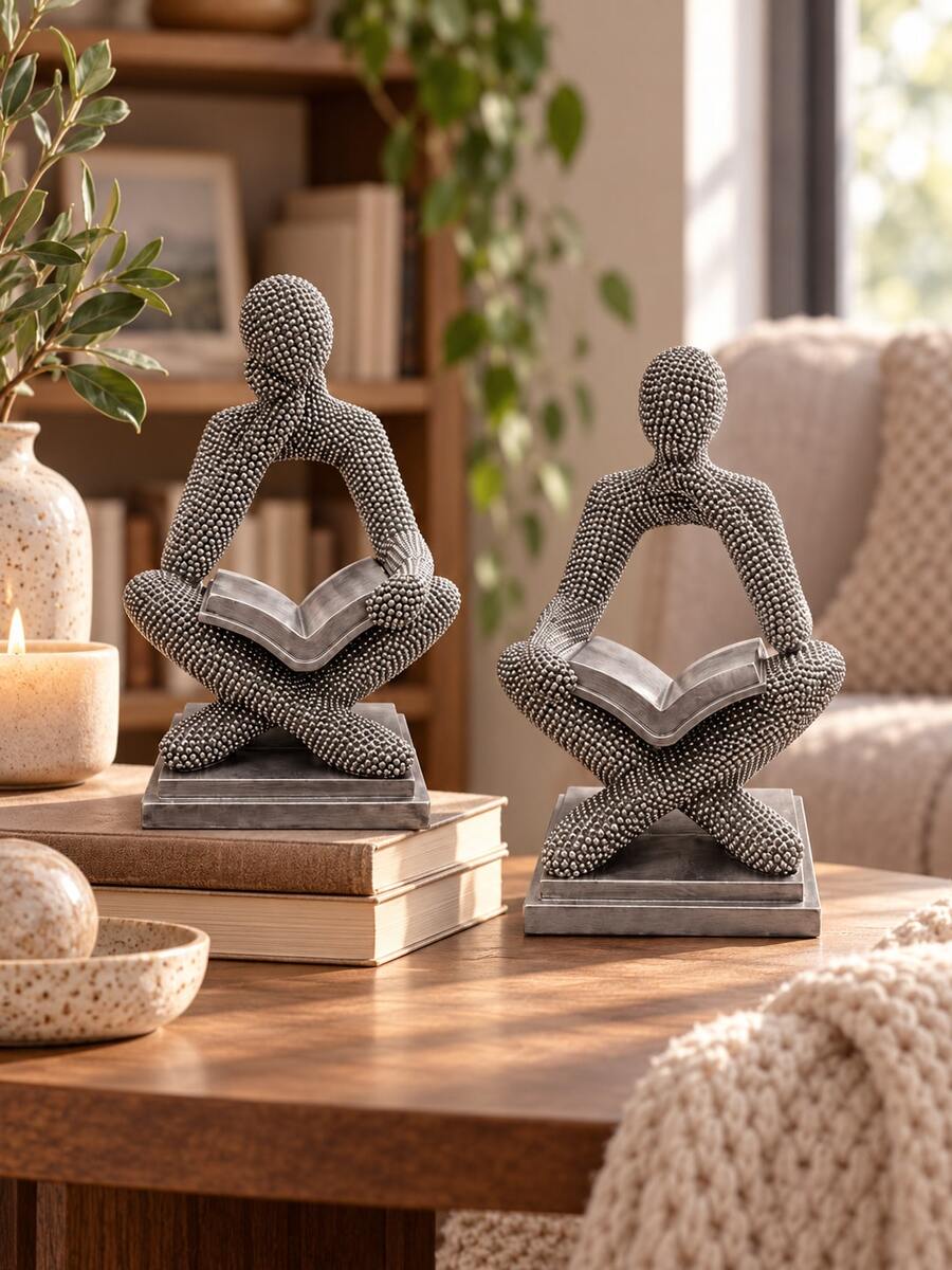 1pc Abstract Reading Thinker Statue, Silver Beaded Texture Man Figurine Holding Open Book, Modern Art Sculpture For Bookshelf Office Desk Study Living Room Coffee Table Decor - New - View 1