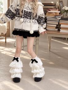 1 Pair Women's Pure White Multi-Layer Ruffle Black Bow Decor Leg ...