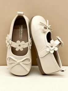 Girls' Flat Mary Jane Shoes With Bow Toe, 3D Flower & Metal Center Decor, Hook & Loop Strap, Round Toe, Soft Sole, Lightweight, Sweet Princess Style, Suitable For Daily Wear, Party, Banquet, All Seasons - Beige - View 10
